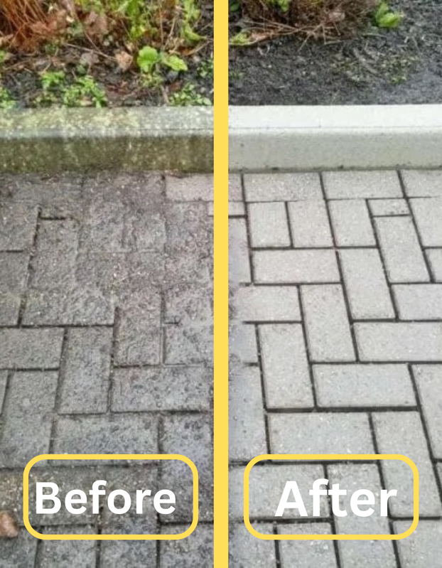 Before and after power washing of a driveway