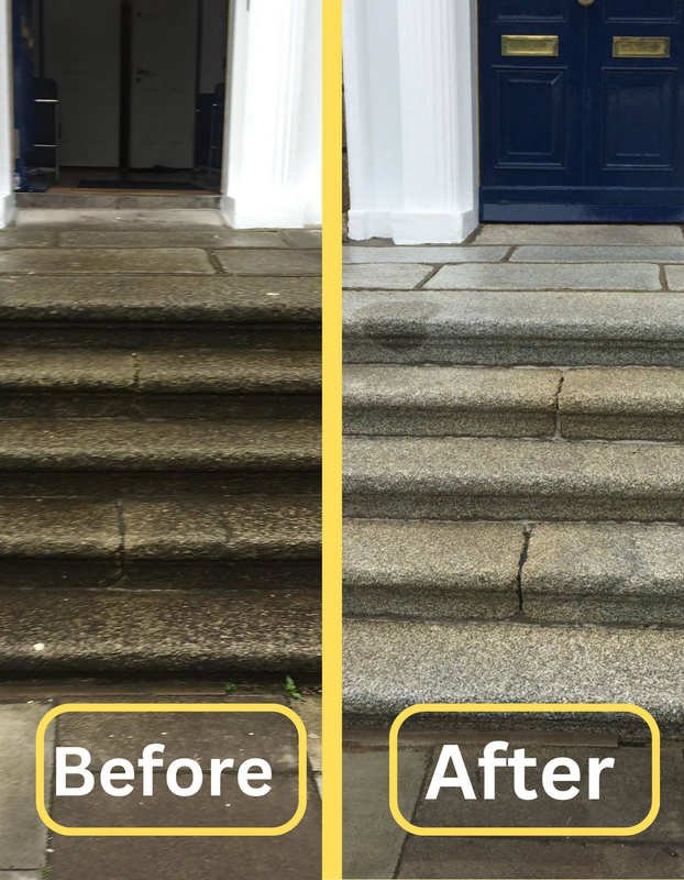Before and after power washing of an entrance