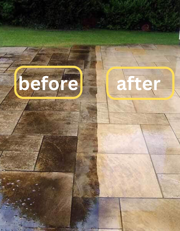 Before and after power washing of a patio